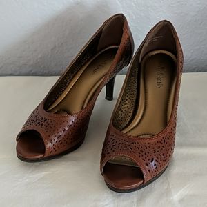 Leather peep toe heels